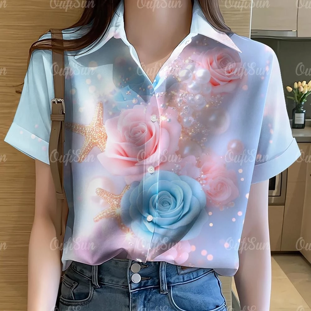 เสื้อoversizeผู้หญิง ลายกราฟฟิตี้และลายดอกไม้ สไตล์ฮาวายแขนสั้น thumbnail 6