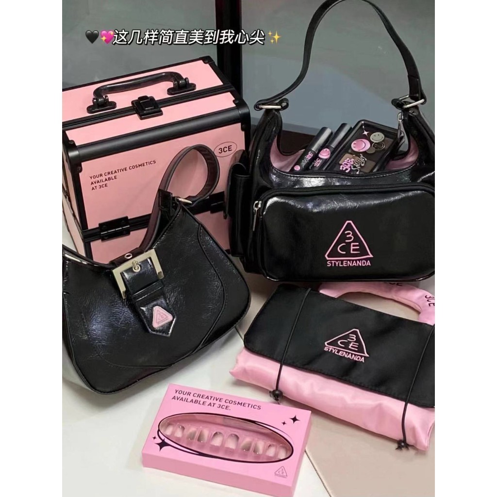 3ce Pink Cool Limited Merchandise กระเป๋าเครื่องสําอาง แบบสองชั้น สีดํา