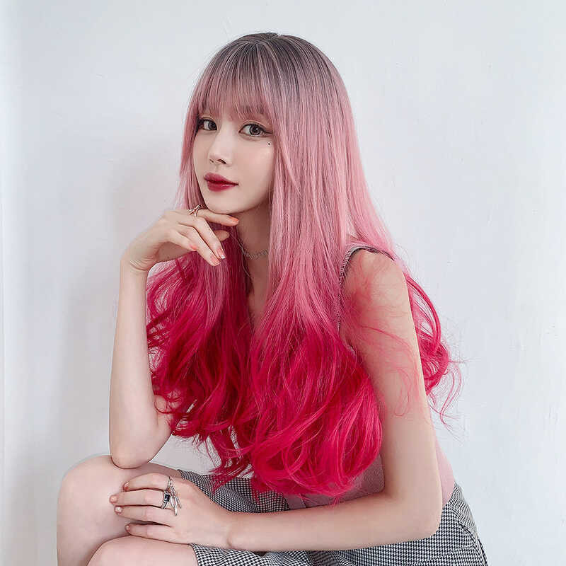 ➧ 7Jhh WIGS Pink Long Curly Wave With Bangs Natural Cute For Women Cosplay Wigs Full Head Synthet