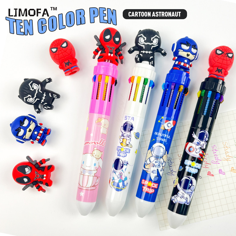 Ljmofa KIDS 10 สีใน 1 สี Marvel Hero ปากกาลูกลื ่ นหลายสีซิลิโคน Marker ปากกาเด ็ กนักเรียนเครื ่ องเขียนของขวัญ