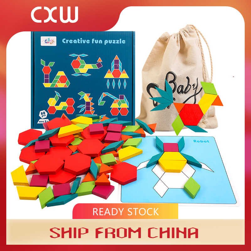 Ready Stock Pattern Blocks Games Creative Geometric Shape Puzzle Wooden Colorful Tangram Montessori