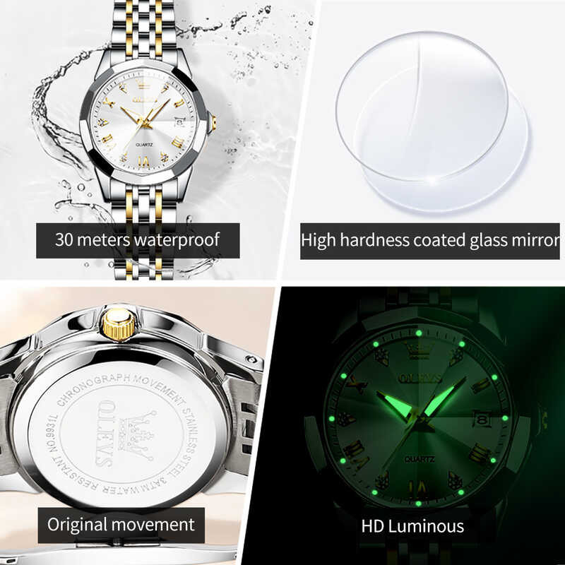 9931 Stainless OLEVS Steel Band Watch For Waterproof Fashion Quartz Women Wristwatches Luminous Cal