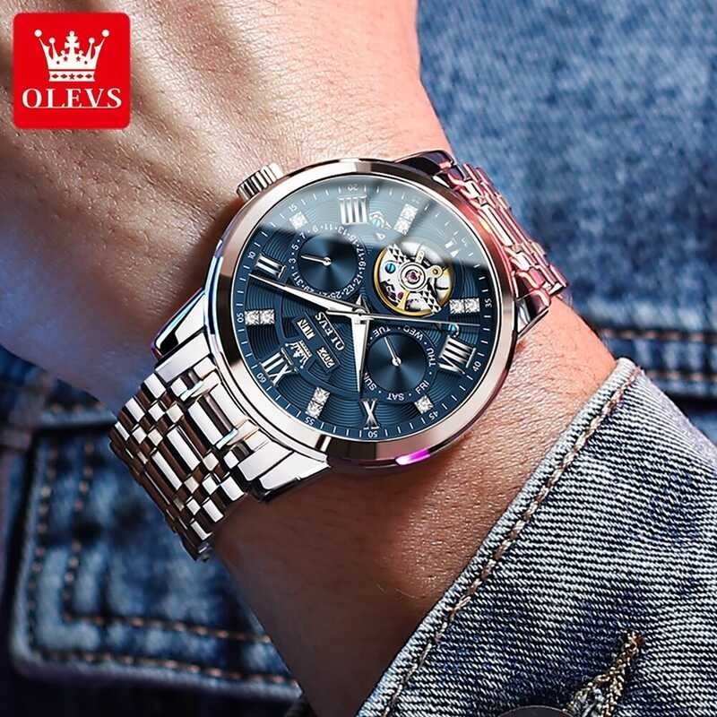 2023 Latest OLEVS Waterproof Mechanical Automatic Multi-Function Dial Stainless Steel Strap Men's F