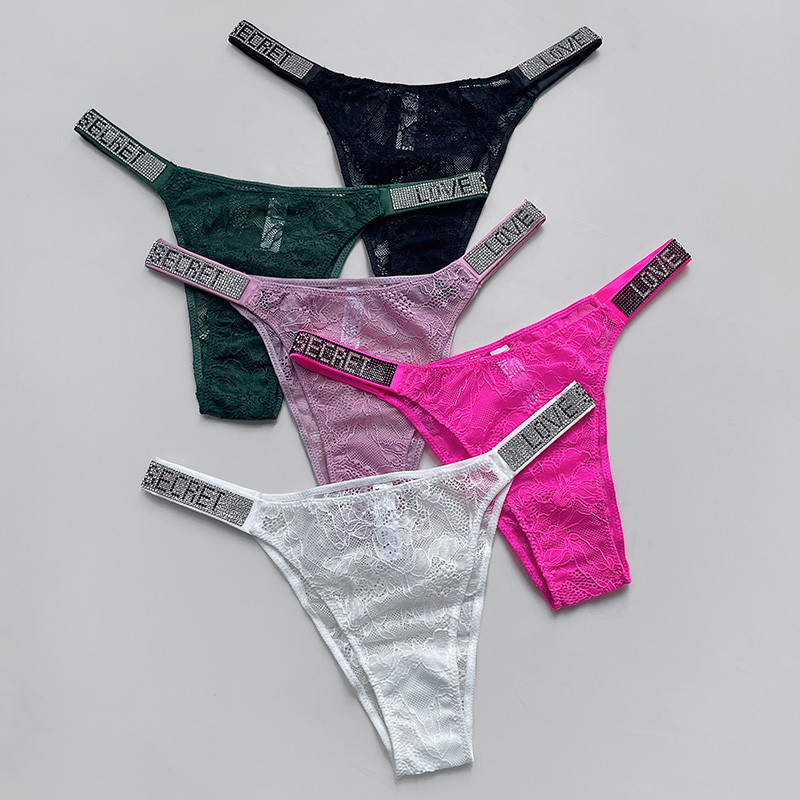 Seamless Rhinestone Lace Letter เซ็กซี่ G String ผู้หญิงกางเกงสาวชุดชั้นในโปร่งใสทองสําหรับหญิง Low Rise สุภาพสตรีกางเกง