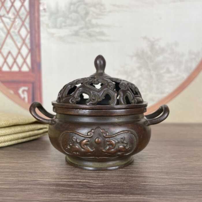 คอลเลกชันพื้นบ้าน เครื่องทองแดงเก่า ทองแดงบริสุทธิ์ ธูป Lu Xuan ตัวอักษร สองหู Kylin ธูป Lu รมควัน ธ