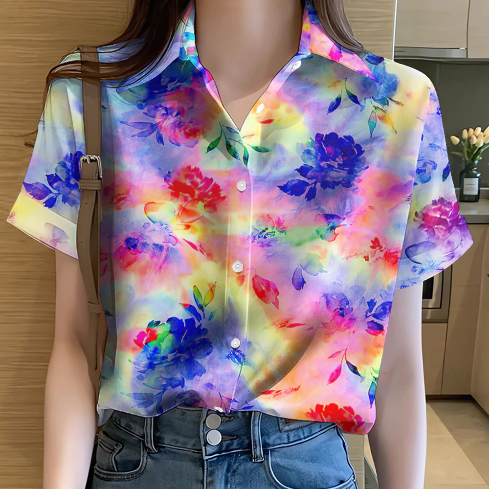 เสื้อผู้หญิงลายดอกไม้แขนสั้นทรงโอเวอร์ไซส์