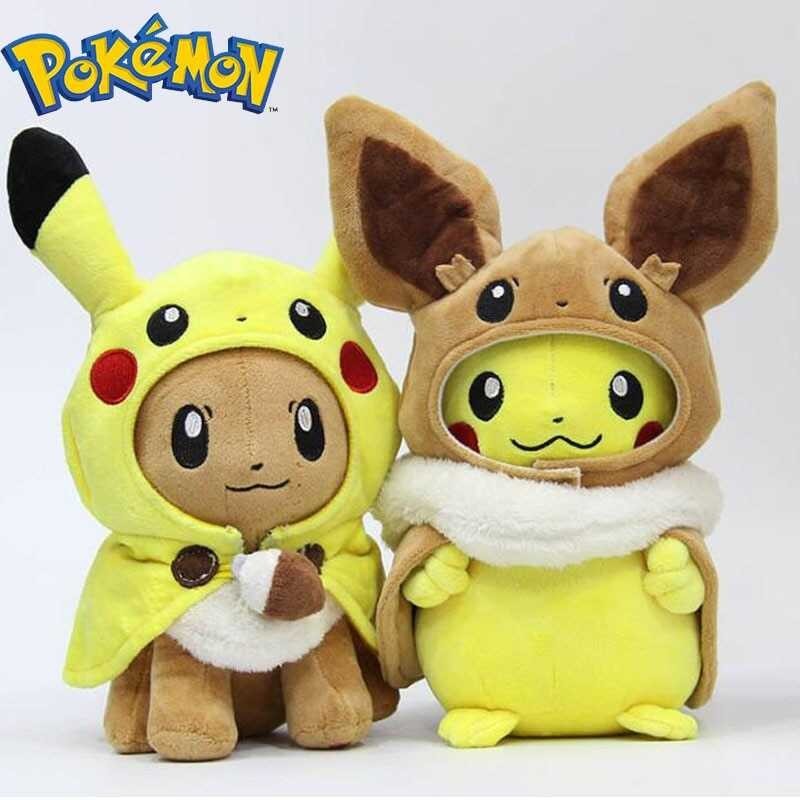 TAKARA TOMY Plush Toys Pikachu Cosplay Eevee Plush Stuffed Dolls Eevee With Cloak Cos Pikachu Toy