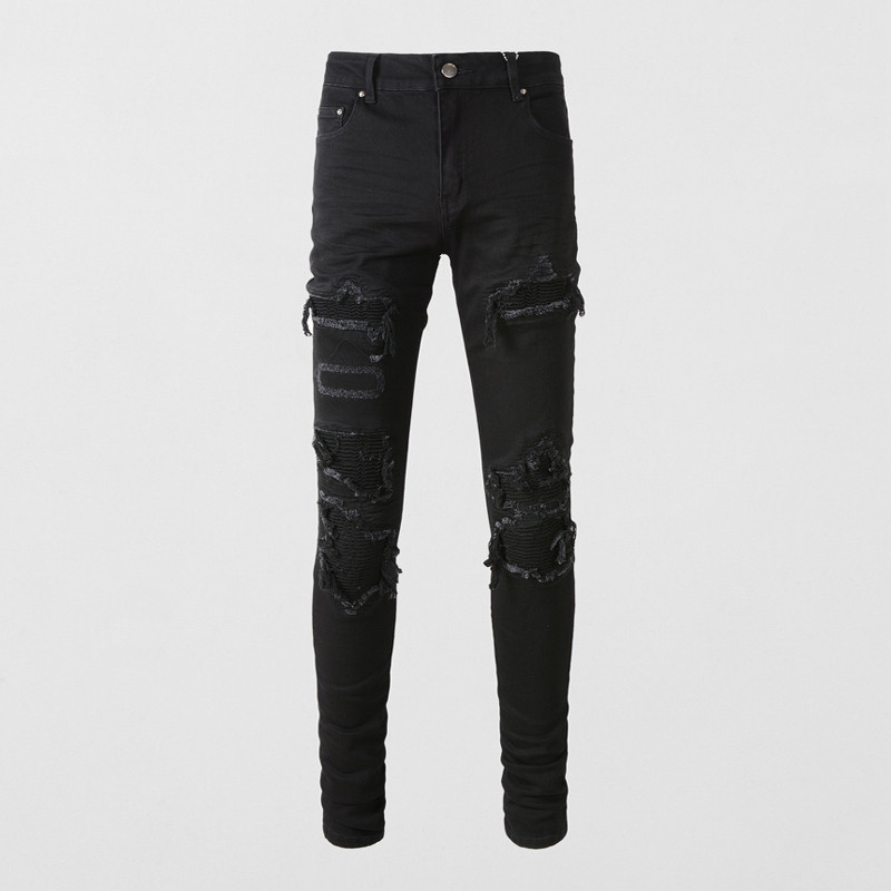 Amiri High Street Fashion Man Jeans กางเกงยีนส์สีดำยืดบางพอดีกับกางเกงยีนส์ Patch Designer Hip Hop