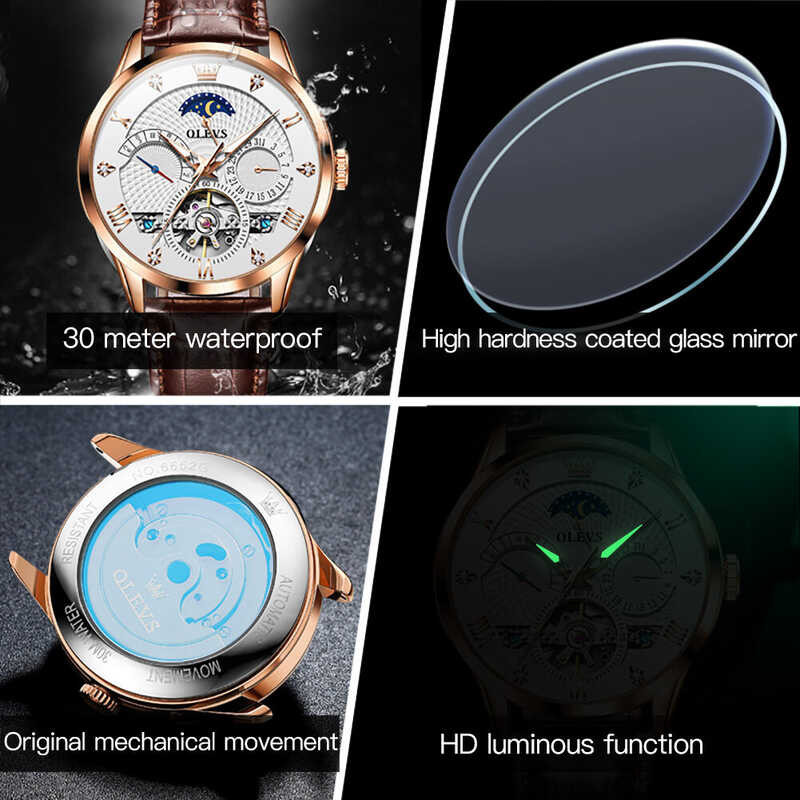 Leather OLEVS Fashion Automatic Mechanical for Men Moon Phase Calendar Luminous Tourbillon Watch
