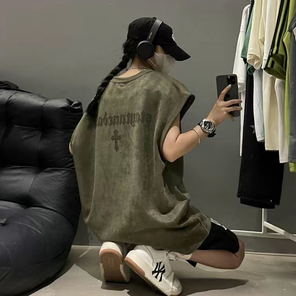♞,♘,♙Suede Vest Oversize American Fashion Brand Waistcoat Sleeveless T-shirt