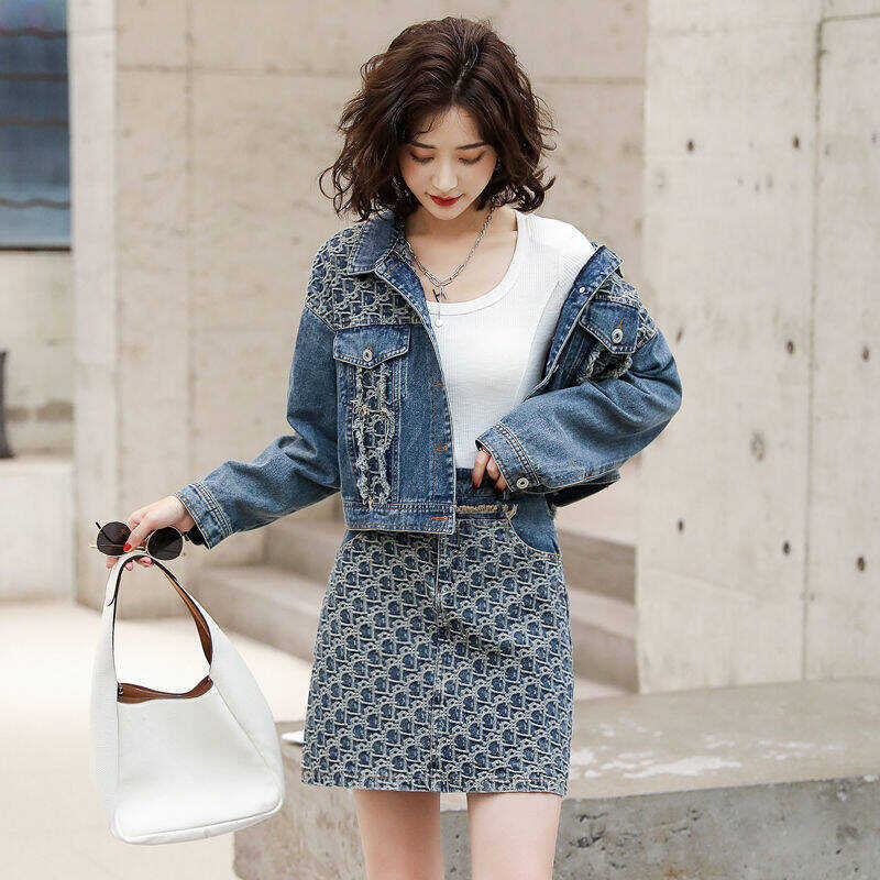 Female 2Pc Cowboy Two-piece Spring and Autumn New Fashion Short Women Denim Jacket Coat Skirt Suit