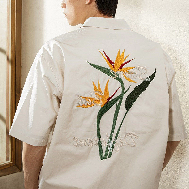 เสื้อเชิ้ตคอคิวบาแขนสั้น ลายปักดอกไม้นกแห่งสวรรค์ สไตล์วินเทจญี่ปุ่น
