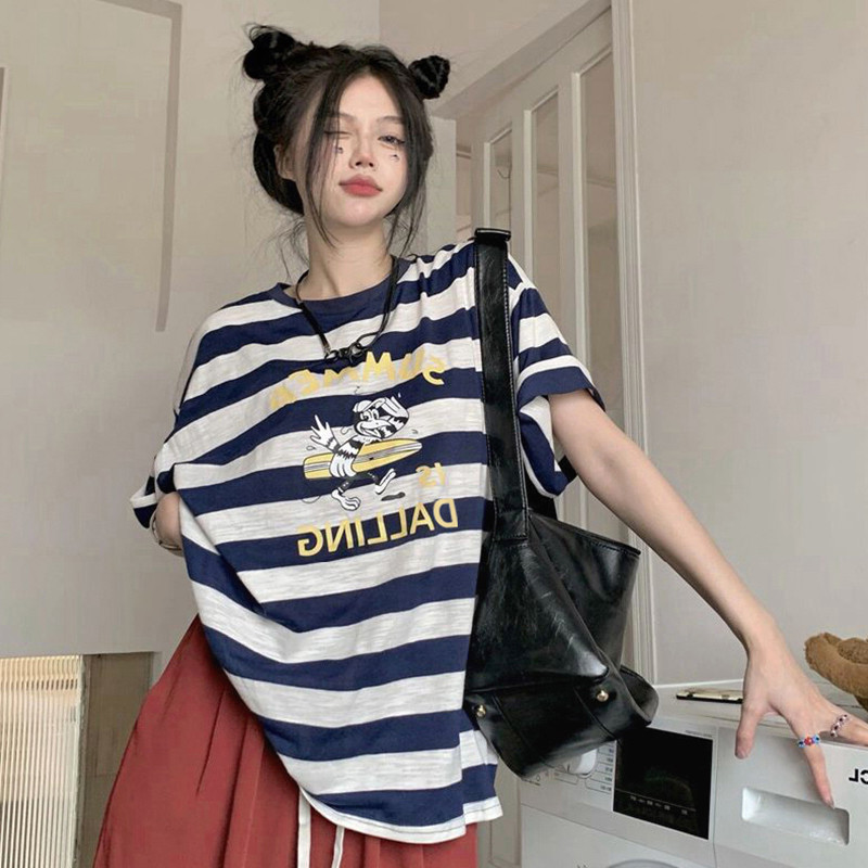 Solovely M-2XL สไตล์เกาหลี แขนสั้น เสื้อ พิมพ์ลาย ลายทาง โอเวอร์ไซส์ เสื้อยืด