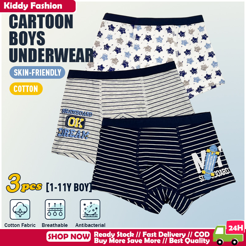 [COD] 3 ชิ้นชุดชั้นในบ็อกเซอร์สําหรับเด็กผู้ชายผ้าฝ้าย 100% Stripe Boys Breifs สําหรับ 2-12 ปีเก่า