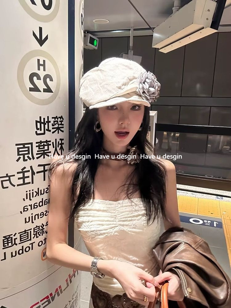 มี ยู desgin หมวกผ้าลินินดอกไม้จีบเด็กส่งหนังสือพิมพ์สไตล์ใหม่ ระบายอากาศ ฤดูใบไม้ผลิ/ฤดูใบไม้ร่วง รอบศีรษะใหญ่ เบเร่ต์