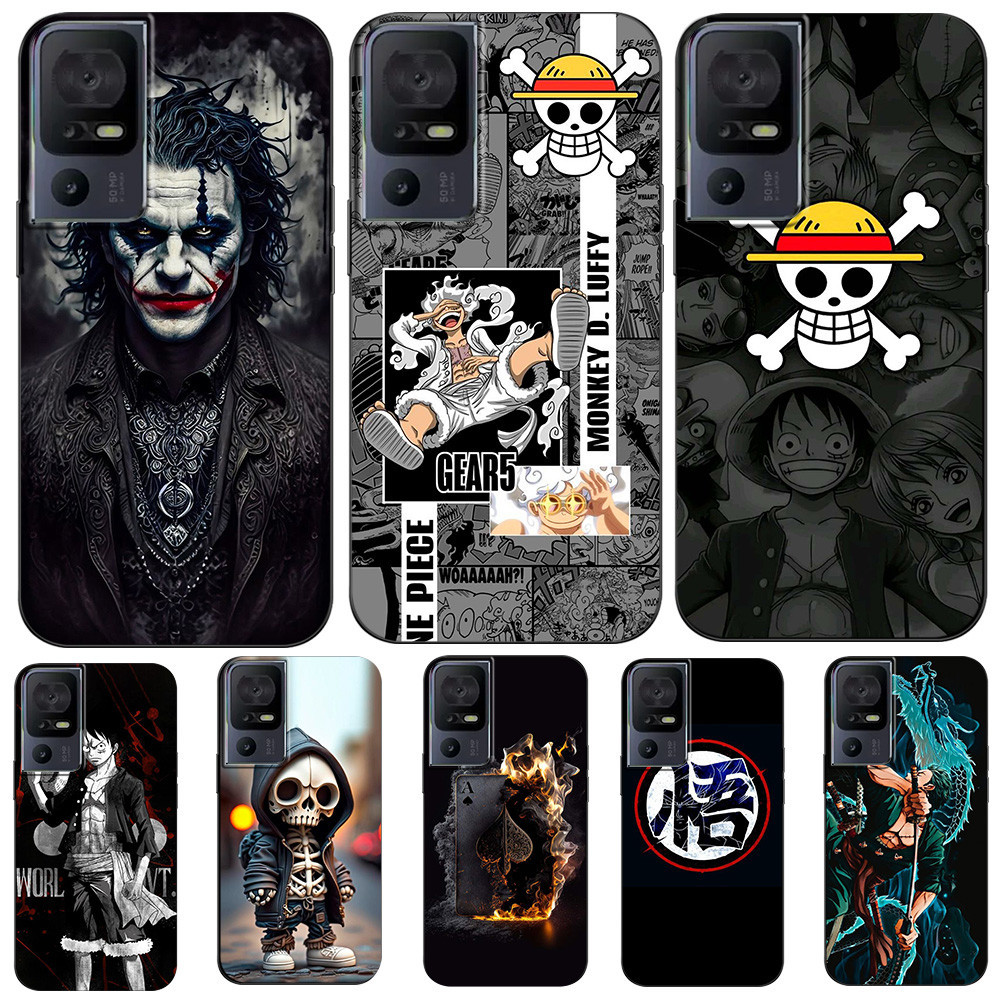 สําหรับ TCL 40SE กรณีกลับฝาครอบโทรศัพท์ป้องกันซิลิโคนนุ่มสีดํา Tpu หมวกฟาง Luffy