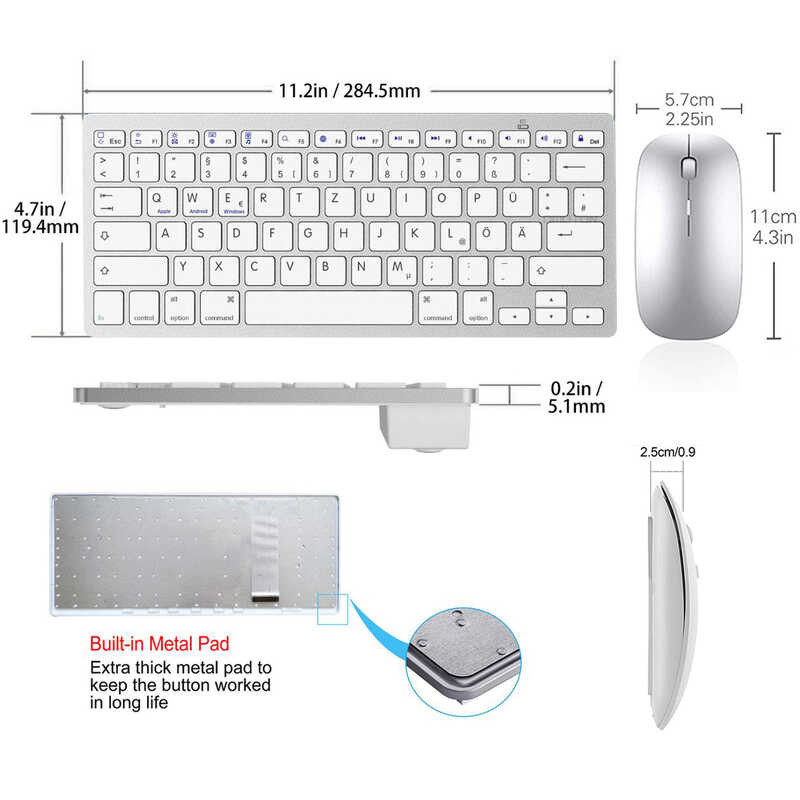 Layout German QWERTZ Keyboard Mouse Combo Wireless Bluetooth Mice Ultra Slim Mute for iOS Android W