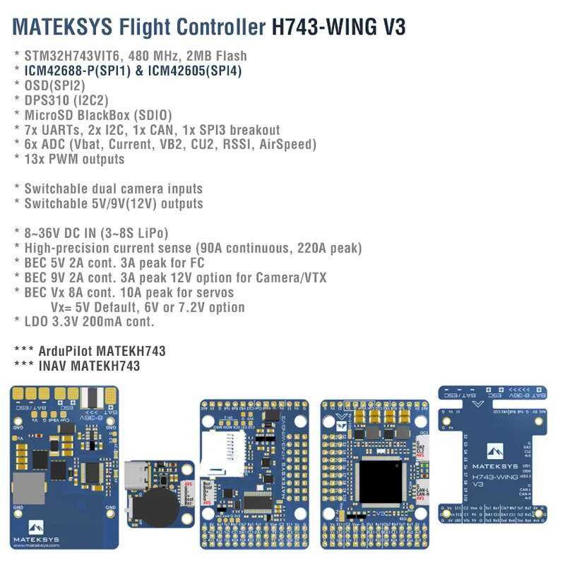 ❥ MATEK Mateksys H743-Wing V3 Flight Controller FC Dual กล้องอินพุต OSD ในตัว 3-8S Lipo สําหรับ