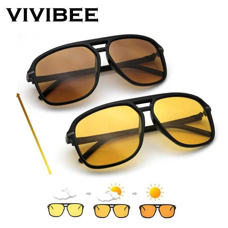 Men Photochromic VIVIBEE Night Vision Sunglasses Color Change Transition Yellow Big Sun Glasses Oversized Polarized