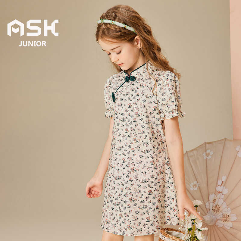 ❤ ASK JUNIOR 4-15 Years Old Girls Vintage Cheongsam Skirt Short Sleeve Princess Dress
