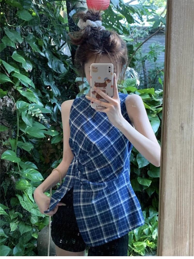 Retro คอกลมลายสก๊อตสีฟ้าเสื้อกั๊กแยกผู้หญิงฤดูร้อน Niche Design Feel All-Match Slimmer ดูจีบด้านบน - รูปที่ 4