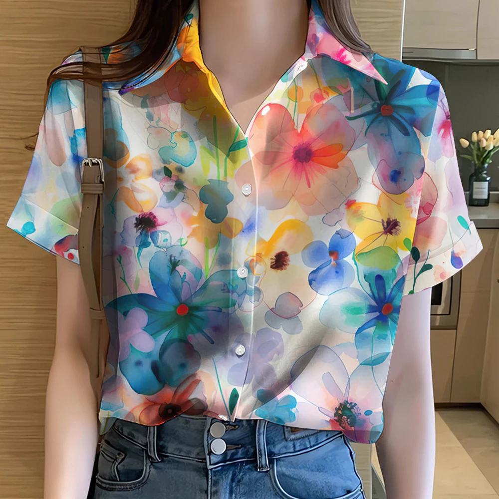 เสื้อผู้หญิงลายดอกไม้แขนสั้นทรงโอเวอร์ไซส์ thumbnail 3