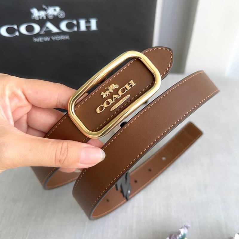 ♞เข็มขัดหนังแท้สีน้ำตาล Coach Morgan Rectangle Buckle Belt CE969 หัวเข็มขัดสีทอง