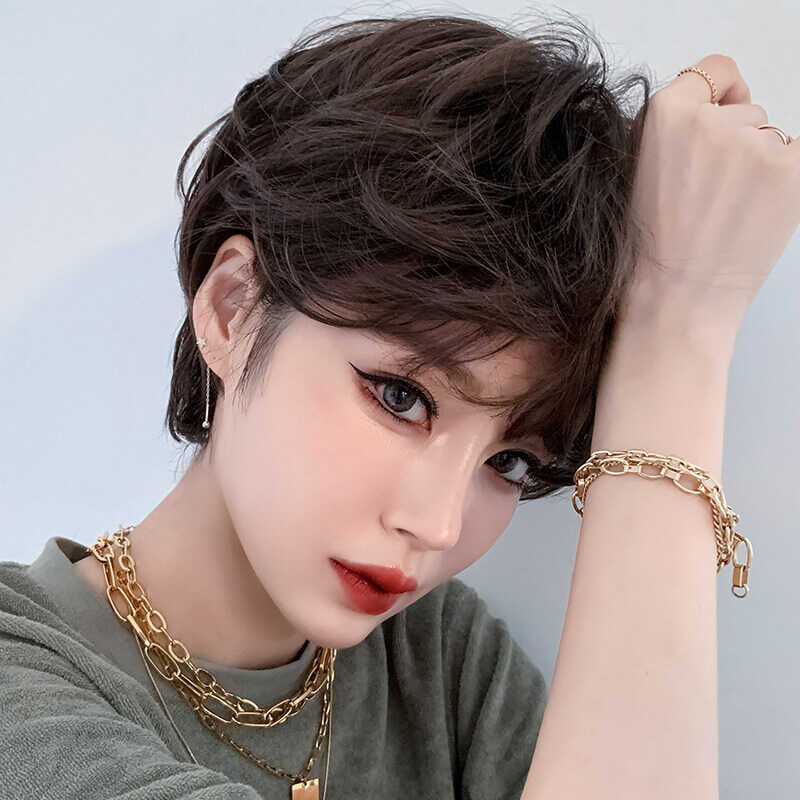 ➧ 7Jhh WIGS Short Curly Brown Party Cool Wavy Natural Hair Synthetic Dye Wigs For Women Cosplay F