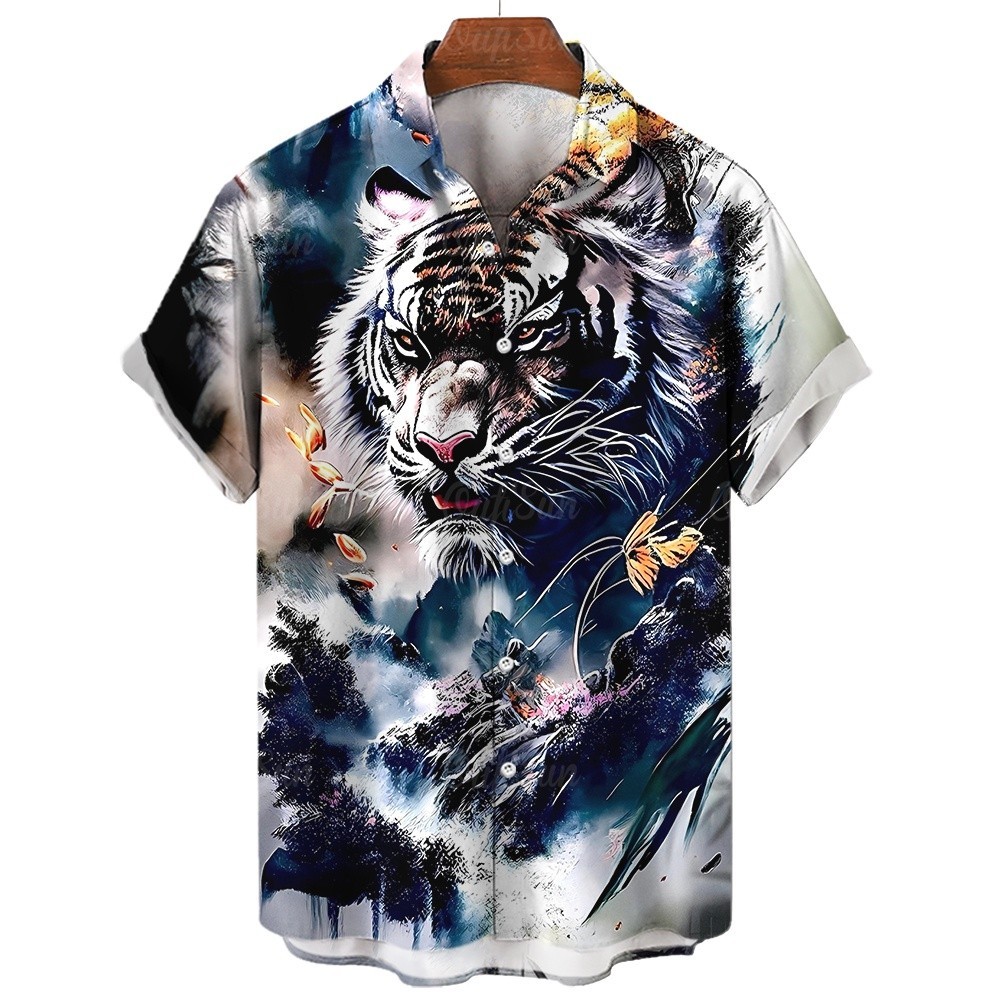 เสื้อเชิ้ตลําลอง แขนสั้น ทรงหลวม พิมพ์ลายสัตว์ เสือ 3 มิติ สําหรับผู้ชาย