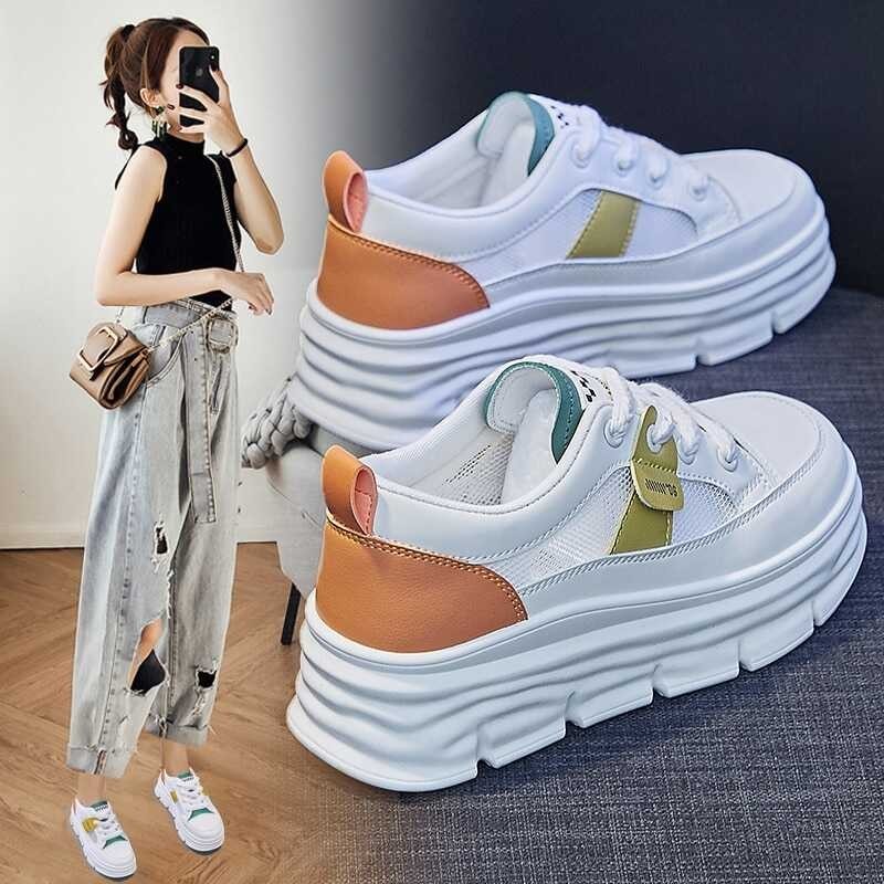 Genuine 7cm Elevator Leather Hidden Heel Platform Wedge Chunky Sneakers Summer Autumn Women Lace Up