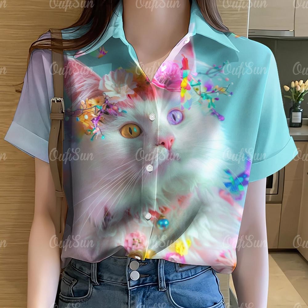 เสื้อพิมพ์ลายแมว ลายกราฟฟิตี้ สีรุ้ง สไตล์ฮาวาย แขนสั้น ขนาดใหญ่พิเศษ 42 สําหรับผู้หญิง