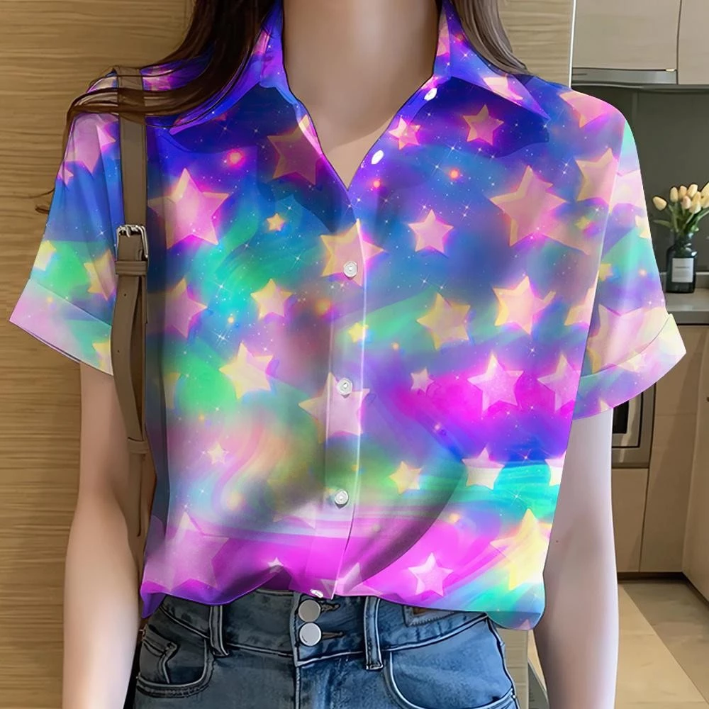 เสื้อเชิ้ตแขนสั้นพิมพ์ลายดอกไม้ สีรุ้ง สไตล์ฮาวาย สำหรับผู้หญิง