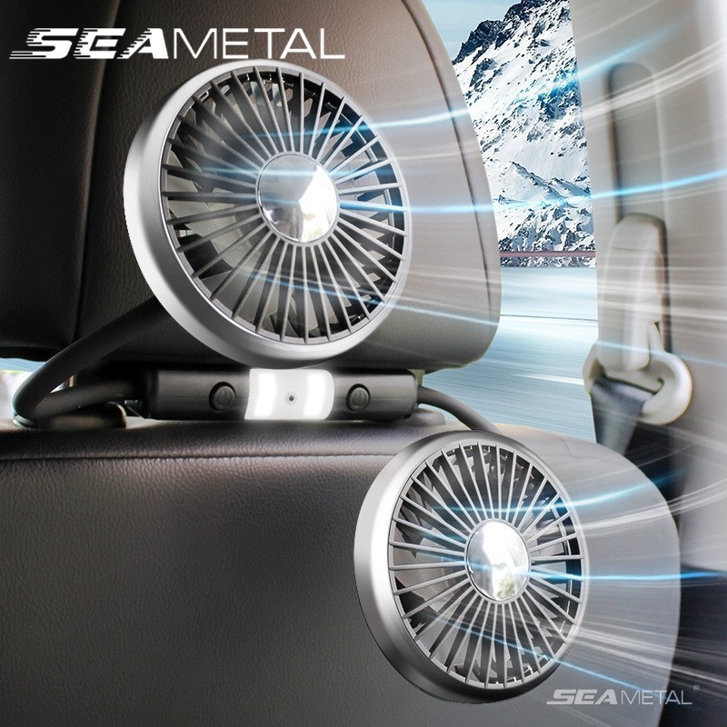 Seametal แบบพกพา Dual Head รถพัดลม 360 องศาหมุนอัตโนมัติ Air Cooling พัดลม 3 ความเร ็ วปรับสําหรับแดชบอร ์ ด Backseat รถบรรทุกรถ USB พัดลม