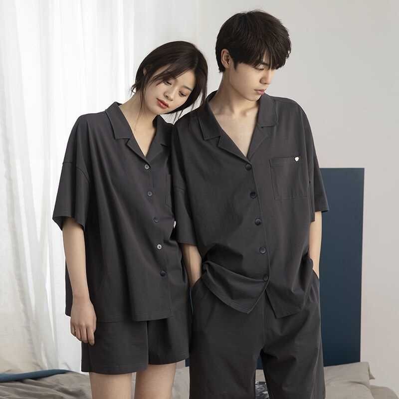 DSFERTGERTER Japanese COD Ins Style Couple Solid Color Men's Pamas Cotton Pyjamas Summer Short Slee