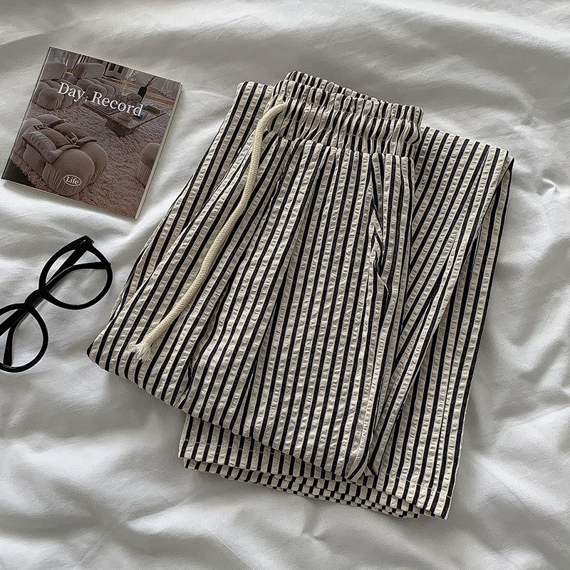 ส่งไวจากไทย TAYCEN M-2XL ฝ้าย กางเกง เอวสูง เรียบๆ เกาหลี ลายทาง ขากว้าง ผู้หญิง พลัสไซส์ กางเกงขายาว