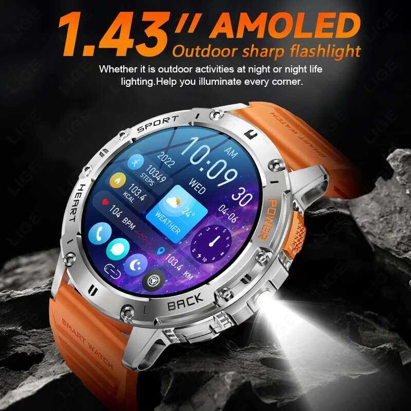 ❥ LIGE 1.43 นิ้วหน้าจอ AMOLED บลูทูธไฟฉาย 530Mah ผู้ชายกลางแจ้งนาฬิกาสมาร์ทกีฬา Health Monitor
