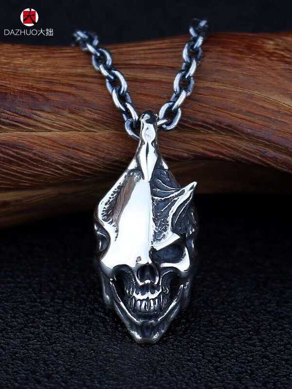 บิ๊กเงอะงะ SFD ครบรอบ 20 ปี จำกัด กะโหลกศีรษะจี้เงินสเตอร์ลิงทำด้วยมือ SFD ปีศาจมุมสร้อยคอสำหรับผู้ช