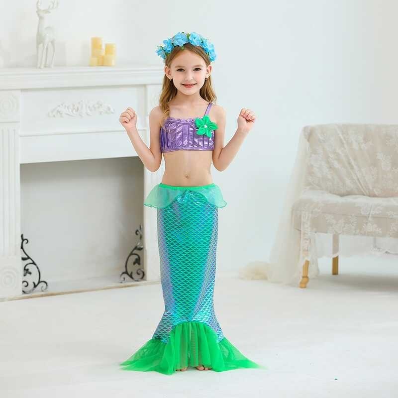 ❤ Girl Princess Mermaid Dress Swimsuit Beach Clothing Cosplay Ariel Costume With Jewelry Set Char