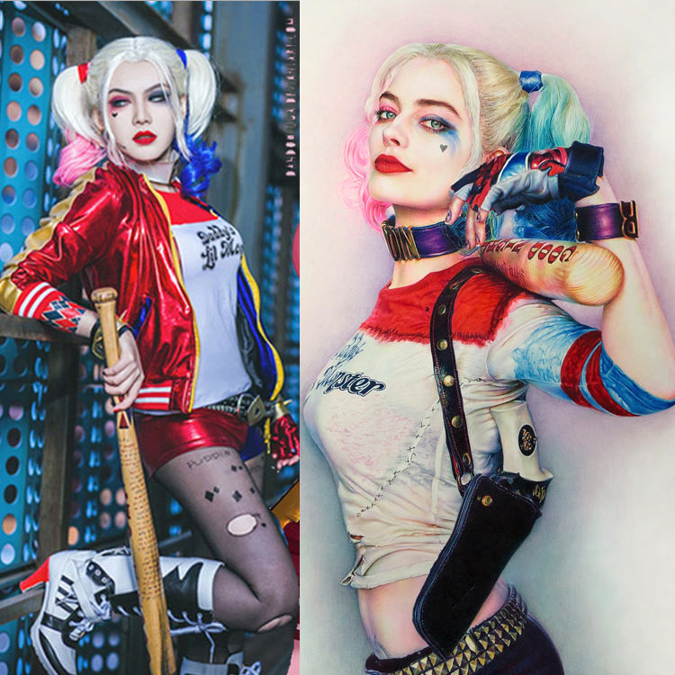 ทีมฆ่าตัวตาย Harley Quinn คอสเพลย์ Clown สาวผู้ใหญ่เด็กชุดวิกผมรองเท้าเบสบอล Stick