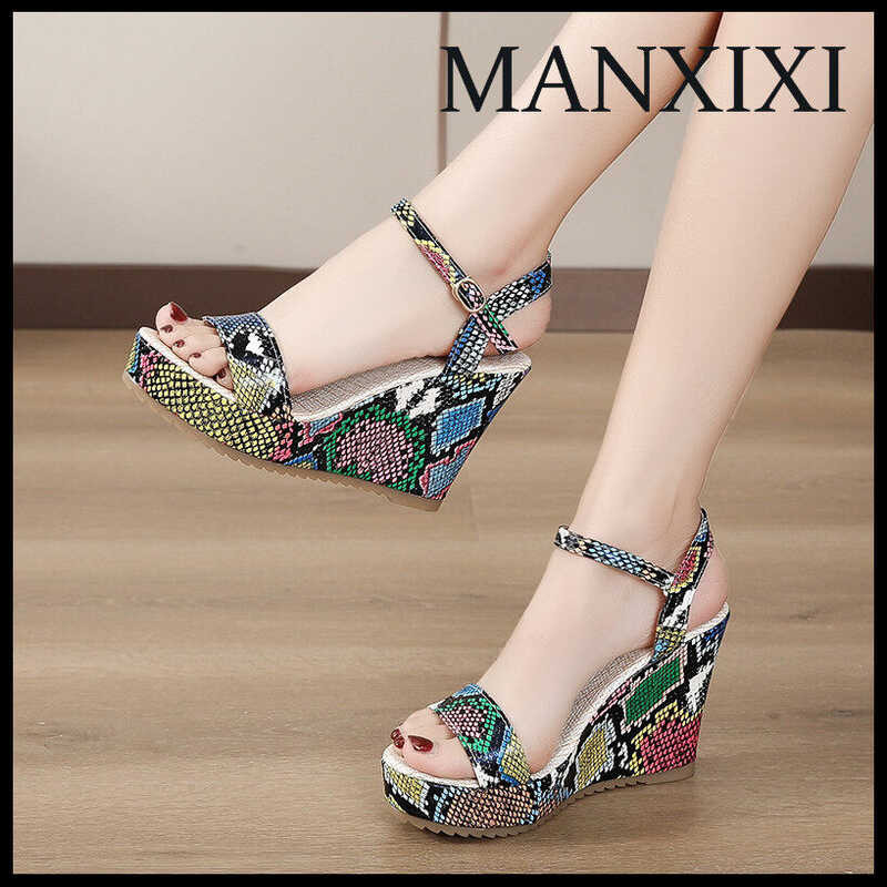 Women MANXIXI Fashion Wedge Heels 3.93 Inches Beautiful Snake Skin Pattern Sandals (Size 35-42)