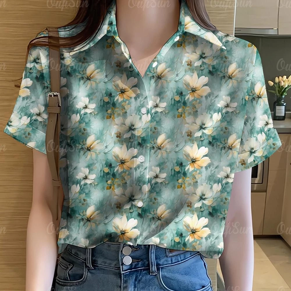 เสื้อเชิ้ตฮาวายแขนสั้นพิมพ์ลายกราฟฟิตี้สีรุ้ง สำหรับผู้หญิง