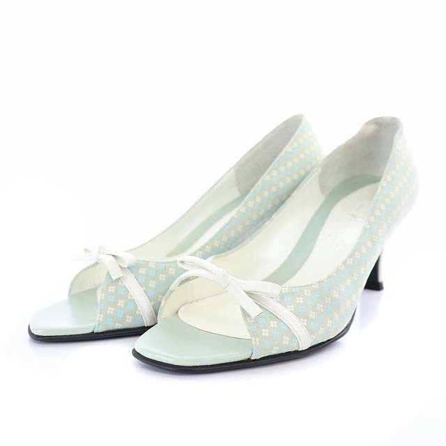 Ginza Kanematsu Open Toe Pumps Ribbon Floral Pattern 22.5cm Blue Green Blue Direct from Japan Secon