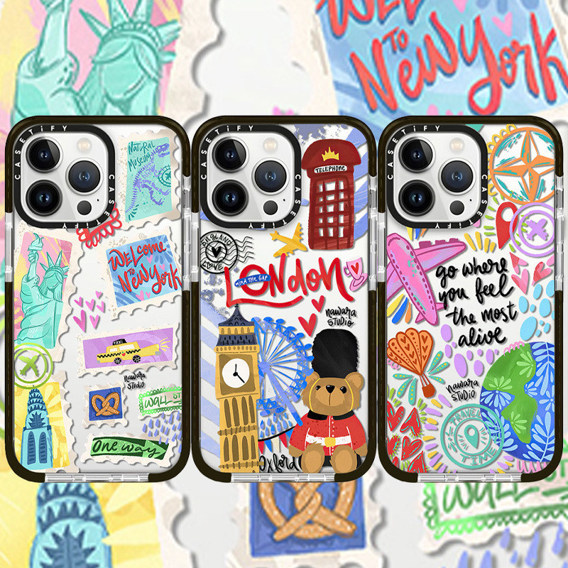 CASETiFY การ์ตูน Travel Landmark สําหรับ IPhone 11 14 15 Pro Max 12 13 Mini Cover X XR XS Max ซิลิโค