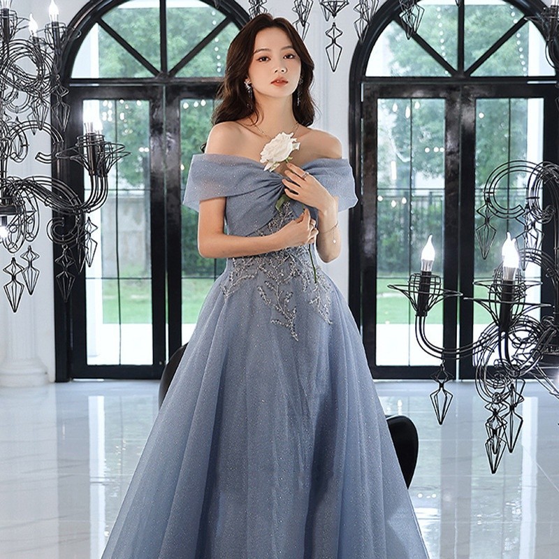 Blue dress new slim fashion host student concert performance bridesmaid long banquet evening dress