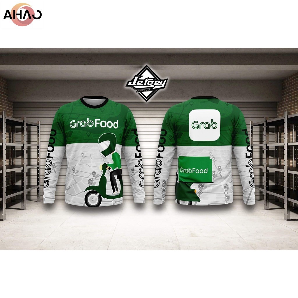 เสื้อยืดแขนยาว ผ้าฝ้าย ระบายอากาศได้ดี พิมพ์ลาย food grab 3 มิติ สําหรับขี่รถจักรยานยนต์
