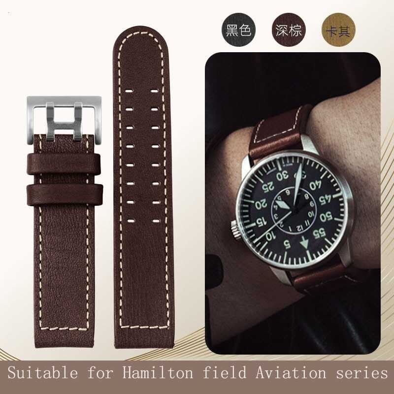For ➧ Hamilton Genuine Leather Watch Strap Khaki Airlines H77616533 And H70615733 Jazz Field Men ➧