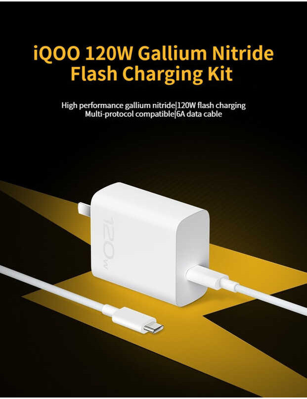 ❤ Iqoo 120W Gan Super Fast Charge Set （120W Adapter+6A Data Cable）Usb-C To Usb-C Cable Adapter