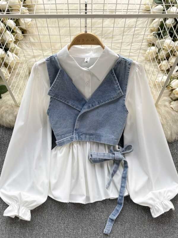 Sense Instagram Design Hong Kong Style Retro Denim Vest Jacket+fashionable Layering Versatile Age R