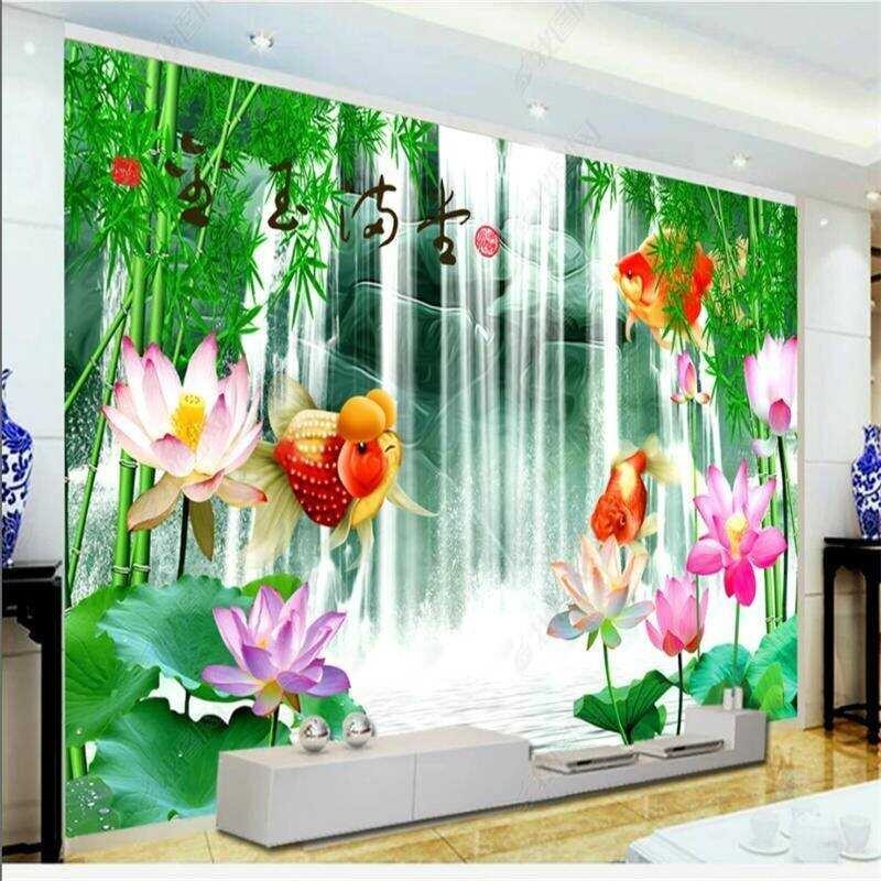 Jade Custom Carving Landscape Waterfall Bamboo Forest Lotus Wallpaper TV Background Decoration Pai