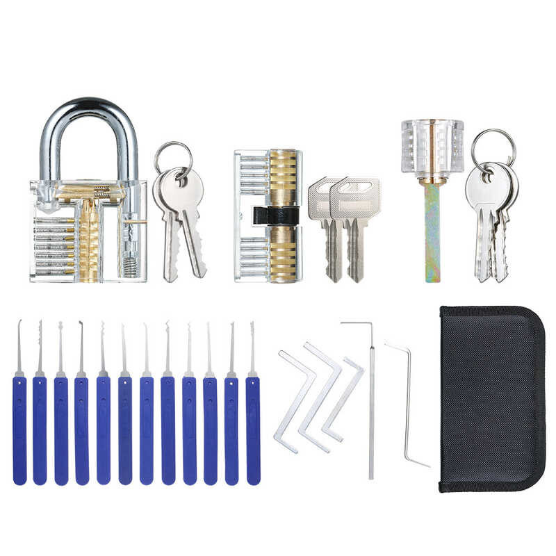17 PCS Lock Picking Set With Storage Bag + 3 PCS Visible Practice Lock Set Transparent Padlock Trai